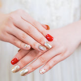 Red & Gold Glitter Press on Nails Short Squoval Cute Floral Design False Nail